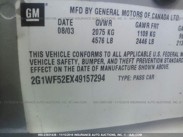 2G1WF52EX49157294 - 2004 CHEVROLET IMPALA 银色 照片 9