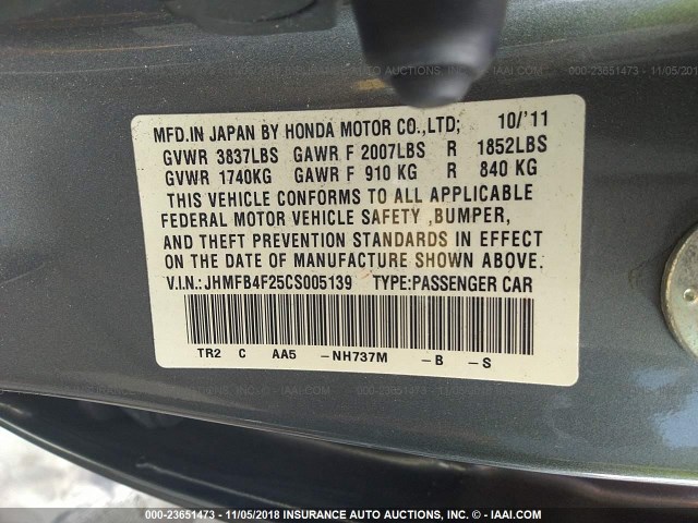 JHMFB4F25CS005139 - 2012 HONDA CIVIC HYBRID GRAY photo 9