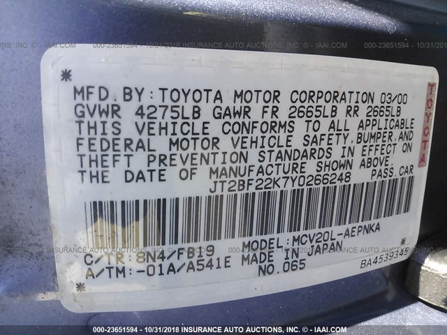 JT2BF22K7Y0266248 - 2000 TOYOTA CAMRY CE/LE/XLE BLUE photo 9