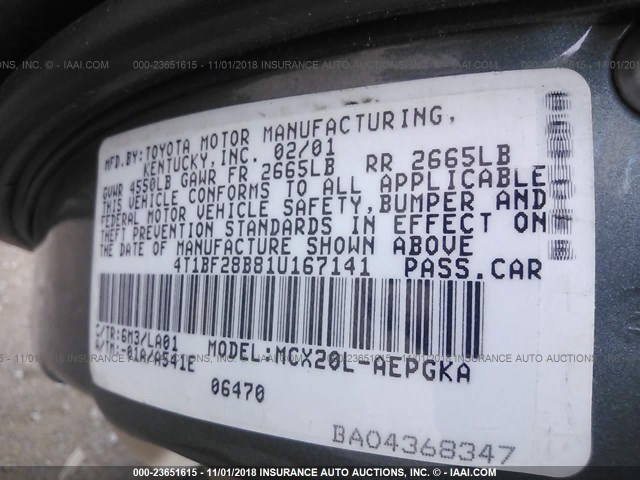 4T1BF28B81U167141 - 2001 TOYOTA AVALON XL/XLS GRAY photo 9