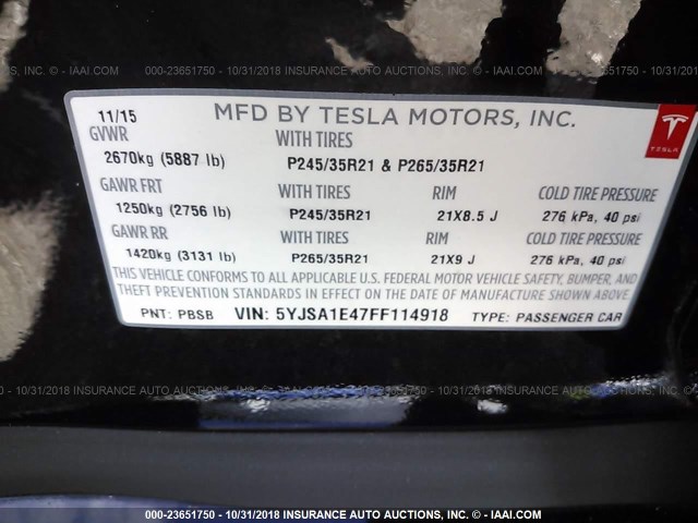 5YJSA1E47FF114918 - 2015 TESLA MODEL S BLACK photo 9