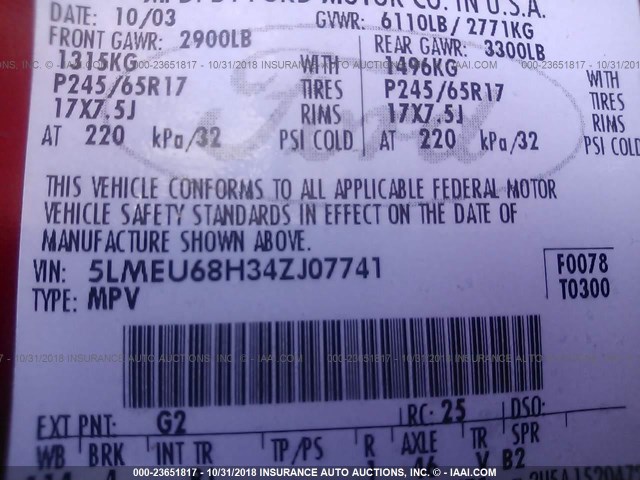 5LMEU68H34ZJ07741 - 2004 LINCOLN AVIATOR 勃艮第红 照片 9