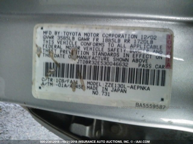 JTDBR32E530046632 - 2003 TOYOTA COROLLA CE/LE SILVER photo 9