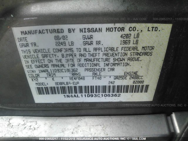 1N4AL11D93C106362 - 2003 NISSAN ALTIMA S/SL TAN photo 9