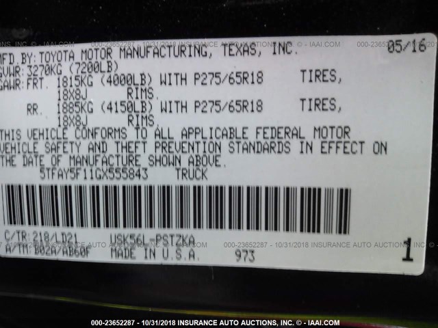 5TFAY5F11GX555843 - 2016 TOYOTA TUNDRA CREWMAX 1794/PLATINUM 黑色 照片 9