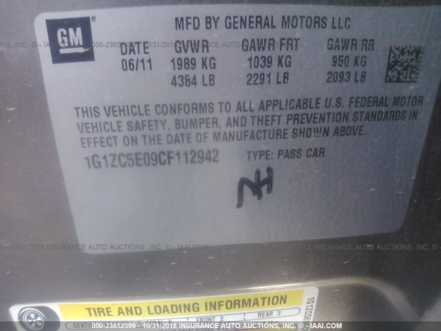 1G1ZC5E09CF112942 - 2012 CHEVROLET MALIBU 1LT 深棕色 照片 9