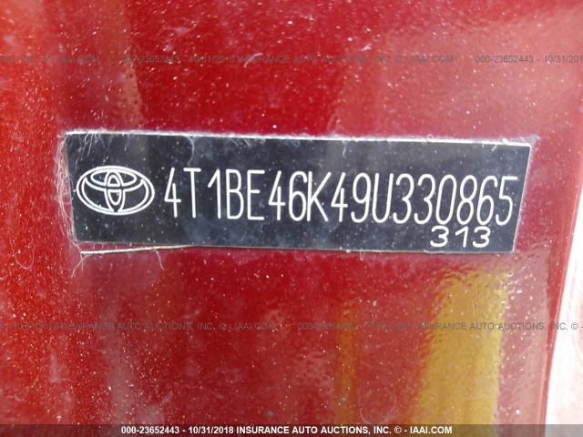 4T1BE46K49U330865 - 2009 TOYOTA CAMRY SE/LE/XLE RED photo 9
