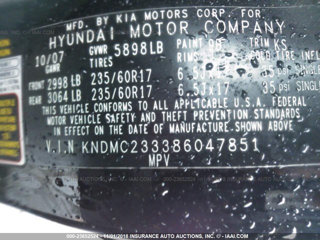 KNDMC233386047851 - 2008 HYUNDAI ENTOURAGE GLS/SE/LIMITED BLACK photo 9