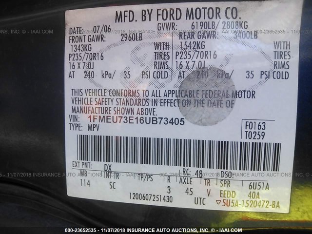 1FMEU73E16UB73405 - 2006 FORD EXPLORER XLT BLUE photo 9