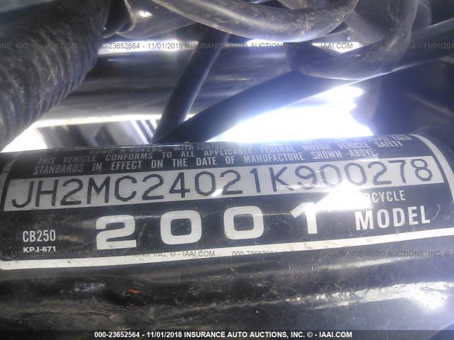 JH2MC24021K900278 - 2001 HONDA CB250 BLACK photo 10