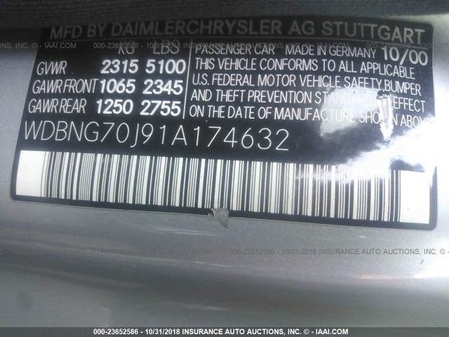 WDBNG70J91A174632 - 2001 MERCEDES-BENZ S 430 SILVER photo 9