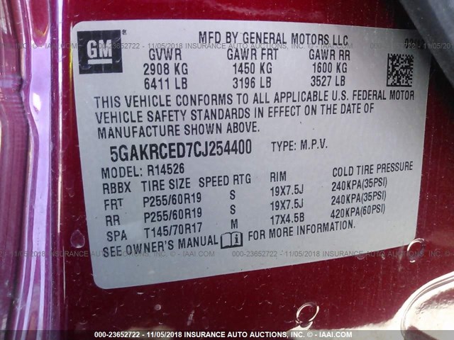 5GAKRCED7CJ254400 - 2012 BUICK ENCLAVE RED photo 9
