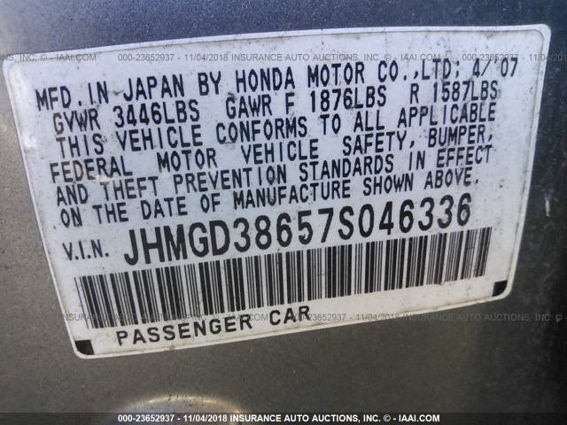 JHMGD38657S046336 - 2007 HONDA FIT S 灰色 照片 9