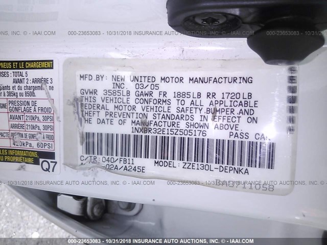 1NXBR32E15Z505176 - 2005 TOYOTA COROLLA CE/LE/S WHITE photo 9