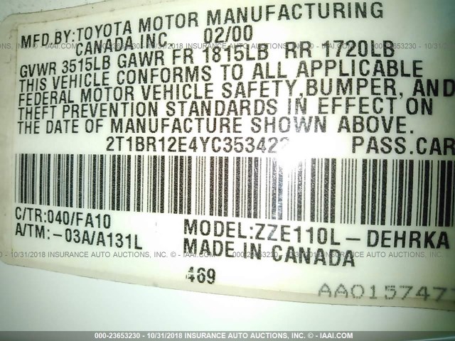 2T1BR12E4YC353422 - 2000 TOYOTA COROLLA VE/CE/LE 白色 照片 9