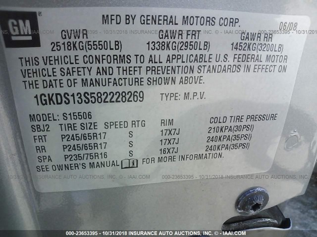 1GKDS13S582228269 - 2008 GMC ENVOY GRAY photo 9