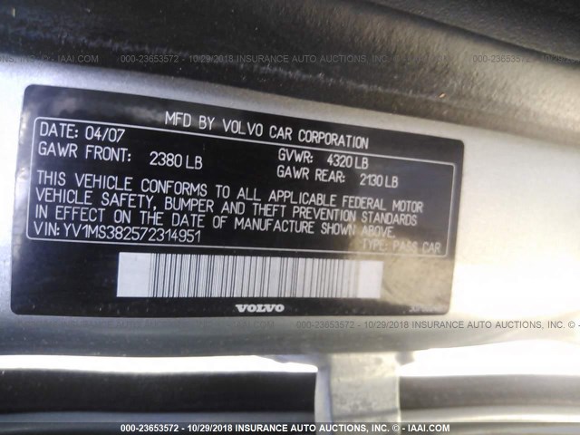 YV1MS382572314951 - 2007 VOLVO S40 2.4I SILVER photo 9