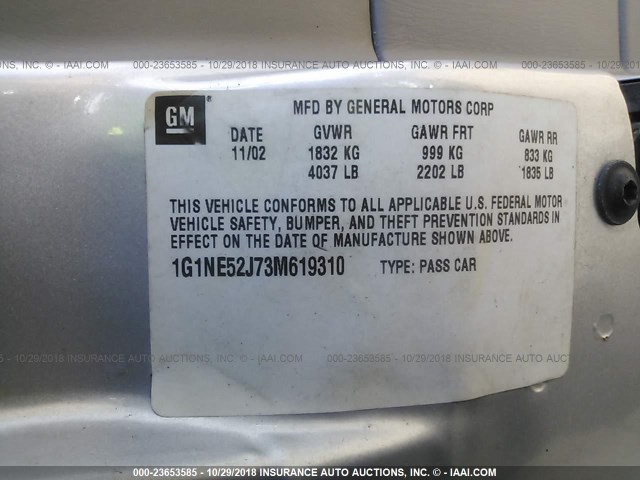 1G1NE52J73M619310 - 2003 CHEVROLET MALIBU LS SILVER photo 9