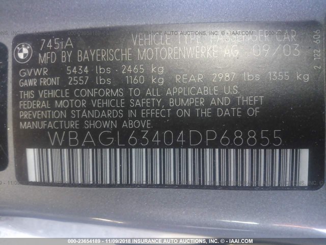 WBAGL63404DP68855 - 2004 BMW 745 I GRAY photo 9