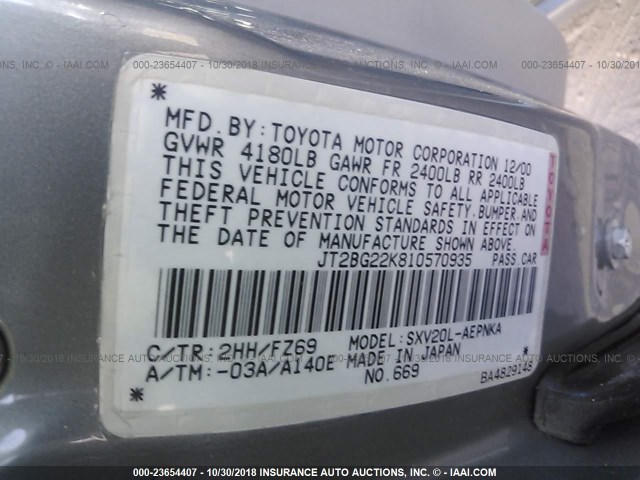 JT2BG22K810570935 - 2001 TOYOTA CAMRY CE/LE/XLE SILVER photo 9