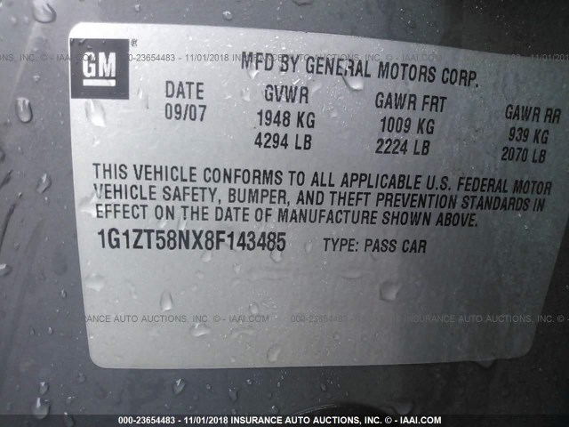 1G1ZT58NX8F143485 - 2008 CHEVROLET MALIBU LT/CLASSIC GRAY photo 9