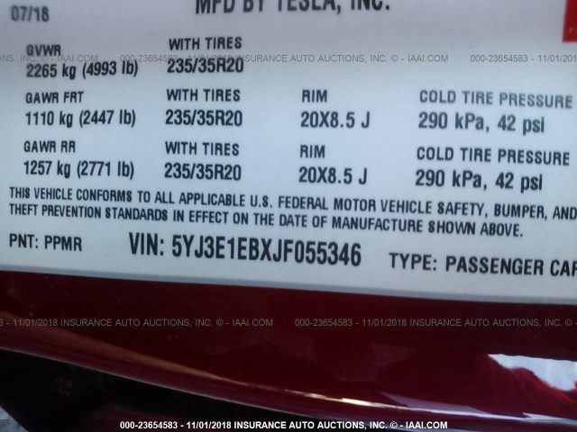 5YJ3E1EBXJF055346 - 2018 TESLA MODEL 3 RED photo 9