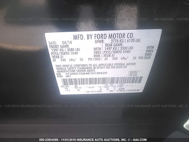 1FM5K7D84EGC36525 - 2014 FORD EXPLORER XLT BLACK photo 9