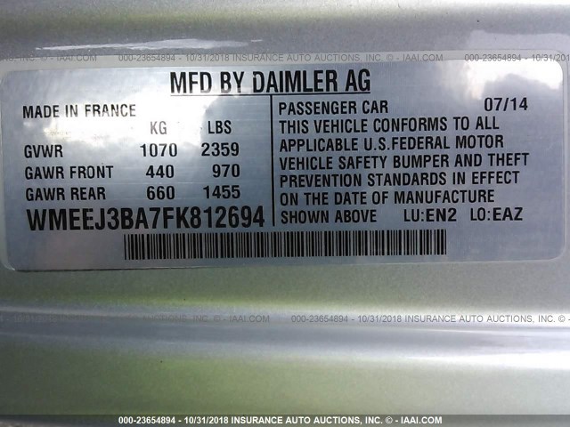 WMEEJ3BA7FK812694 - 2015 SMART FORTWO PURE/PASSION WHITE photo 9