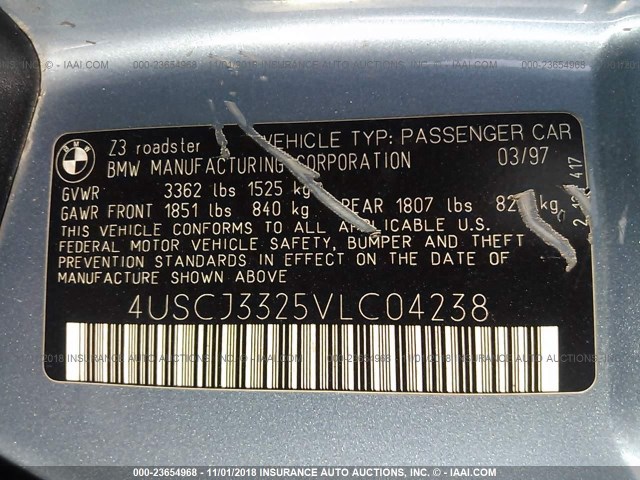 4USCJ3325VLC04238 - 1997 BMW Z3 2.8 浅蓝色 照片 9