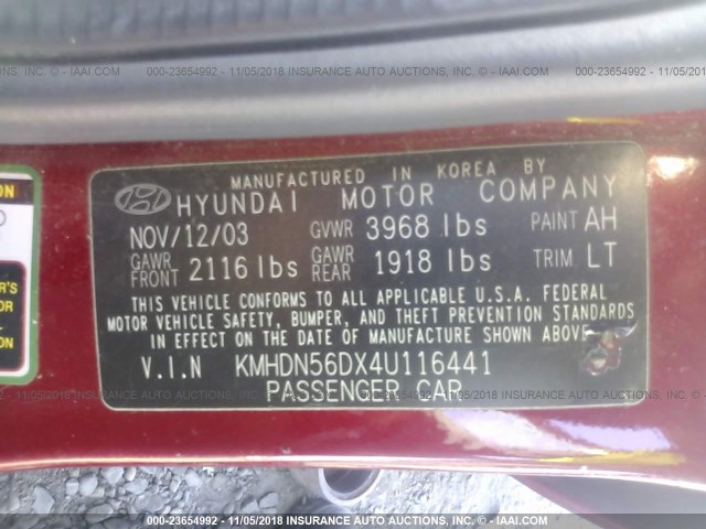 KMHDN56DX4U116441 - 2004 HYUNDAI ELANTRA GLS/GT RED photo 9