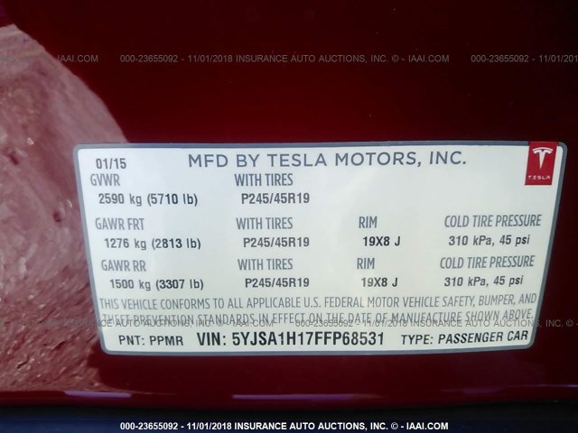 5YJSA1H17FFP68531 - 2015 TESLA MODEL S 85 RED photo 9