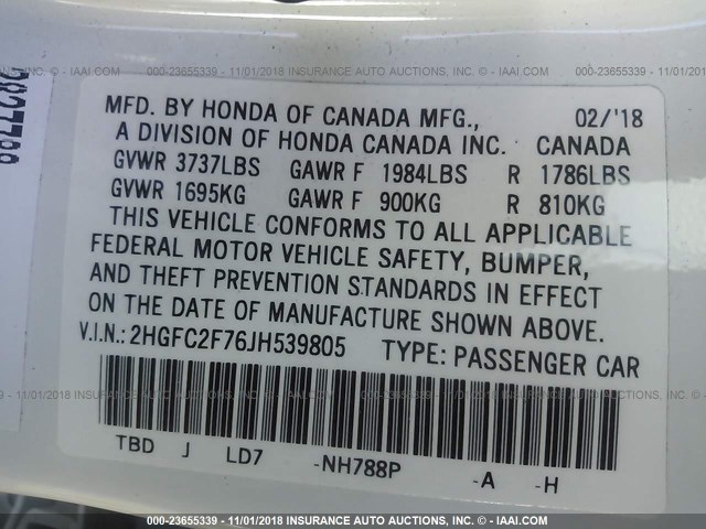 2HGFC2F76JH539805 - 2018 HONDA CIVIC EX Սպիտակ լուսանկար 9