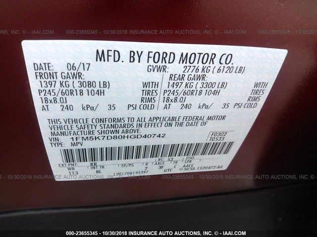 1FM5K7D80HGD40742 - 2017 FORD EXPLORER XLT MAROON photo 9