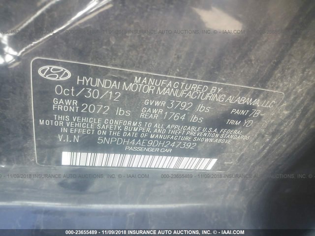 5NPDH4AE9DH247392 - 2013 HYUNDAI ELANTRA GLS/LIMITED BLACK photo 9