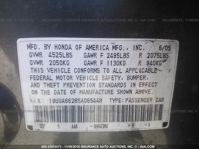 19UUA66285A065448 - 2005 ACURA TL GRAY photo 9