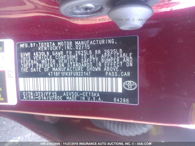 4T1BF1FKXFU922147 - 2015 TOYOTA CAMRY LE/XLE/SE/XSE RED photo 9