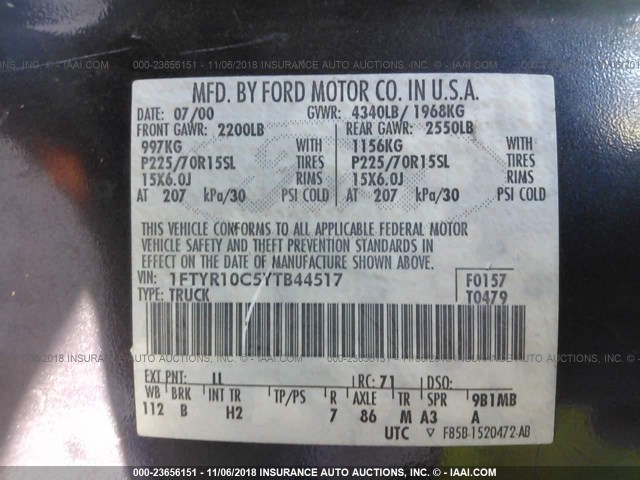 1FTYR10C5YTB44517 - 2000 FORD RANGER BLUE photo 9