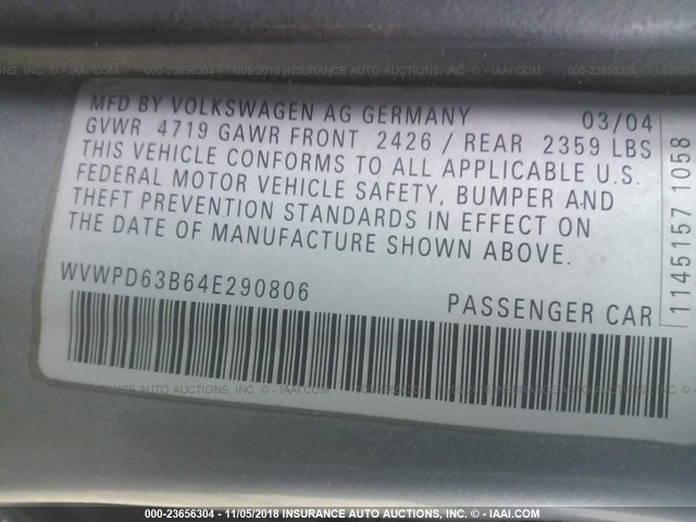 WVWPD63B64E290806 - 2004 VOLKSWAGEN PASSAT GLS GRAY photo 9