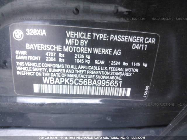 WBAPK5C56BA995651 - 2011 BMW 328 XI SULEV BLACK photo 9