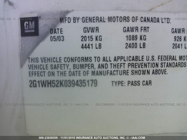 2G1WH52K039435179 - 2003 CHEVROLET IMPALA LS WHITE photo 9