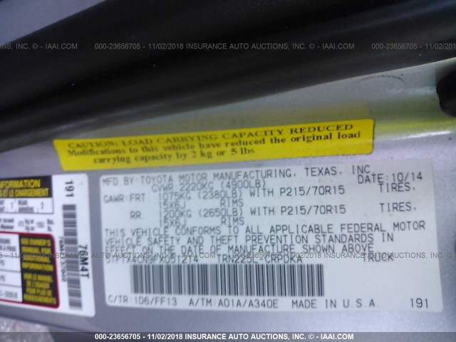 5TFTX4CN9FX051214 - 2015 TOYOTA TACOMA ACCESS CAB ნაცრისფერი ფოტო 9