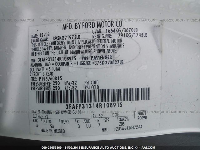 3FAFP31314R108915 - 2004 FORD FOCUS ZX3 WHITE photo 9