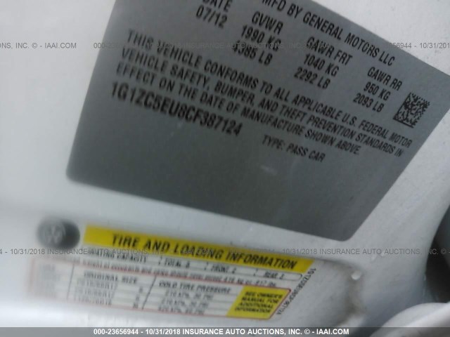 1G1ZC5EU8CF387124 - 2012 CHEVROLET MALIBU 1LT WHITE photo 9