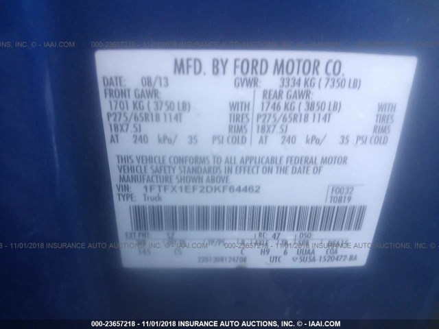 1FTFX1EF2DKF64462 - 2013 FORD F150 SUPER CAB BLUE photo 9