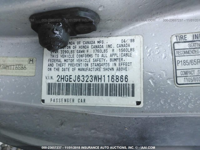 2HGEJ6323WH116866 - 1998 HONDA CIVIC CX BLACK photo 9