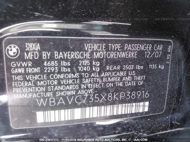 WBAVC735X8KP38916 - 2008 BMW 328 XI SULEV BLACK photo 9