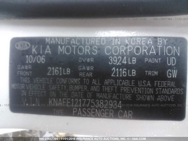 KNAFE121775382934 - 2007 KIA SPECTRA EX/LX WHITE photo 9