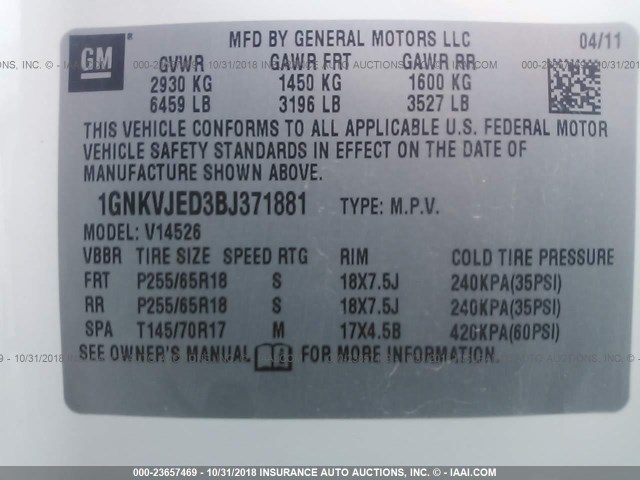 1GNKVJED3BJ371881 - 2011 CHEVROLET TRAVERSE LT WHITE photo 9