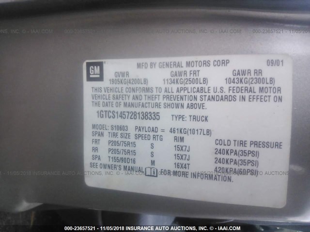 1GTCS145728138335 - 2002 GMC SONOMA GRAY photo 9