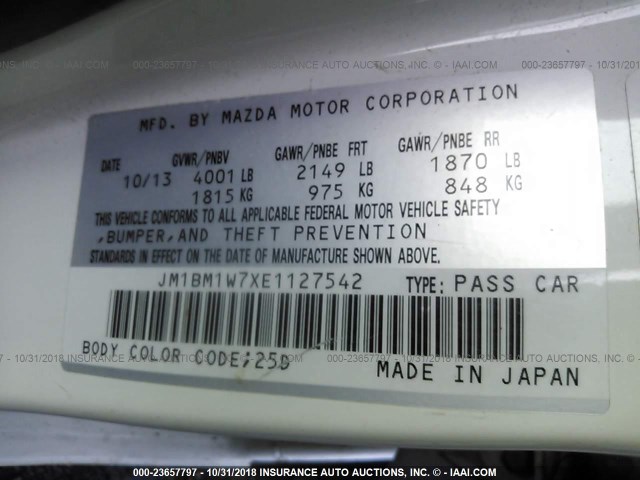 JM1BM1W7XE1127542 - 2014 MAZDA 3 GRAND TOURING WHITE photo 9